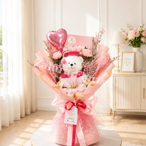 Buket Wisuda Teddy Bear Pink Premium dengan Bunga Artificial & Balon Hati