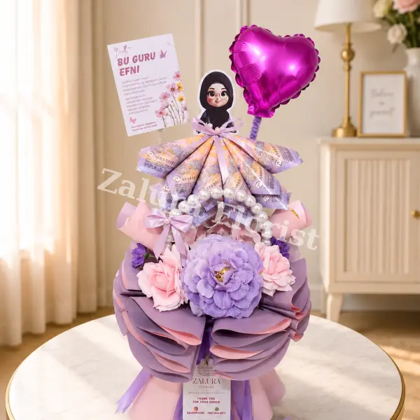 Money Bouquet Hari Guru Custom Karakter – Buket Uang Pink Ungu Premium