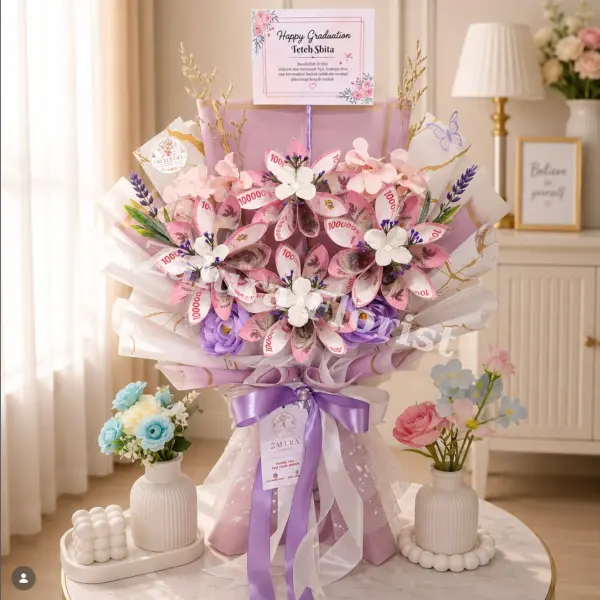 Money Bouquet Wisuda Bunga Uang Pink Ungu Lavender
