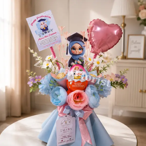 Buket Wisuda Kinder Joy Custom Karakter – Snack Bouquet Graduation Premium