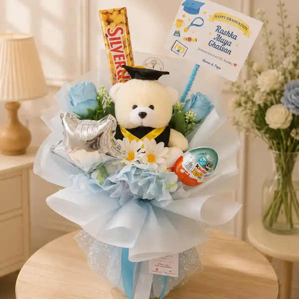 Buket Boneka Snack Blue Graduation
