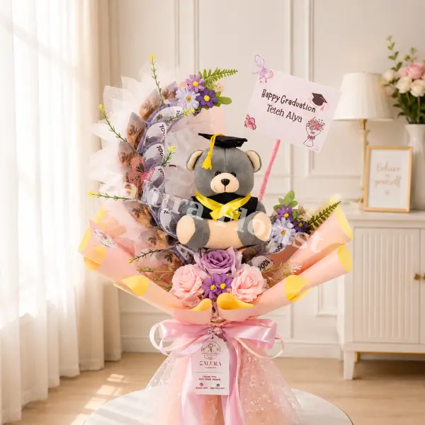 Buket Bulan Sabit Wisuda Teddy Bear & Uang Custom – Graduation Bouquet Pink Premium
