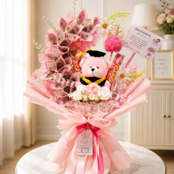 Money Bouquet Wisuda Pink Premium Boneka Teddy & Cokelat Custom