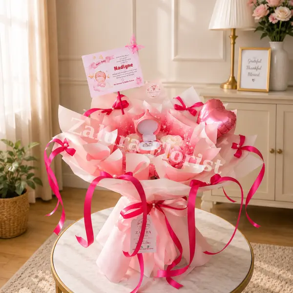 Buket Perhiasan Pink Premium – Hadiah Anniversary, Ulang Tahun & Hari Spesial