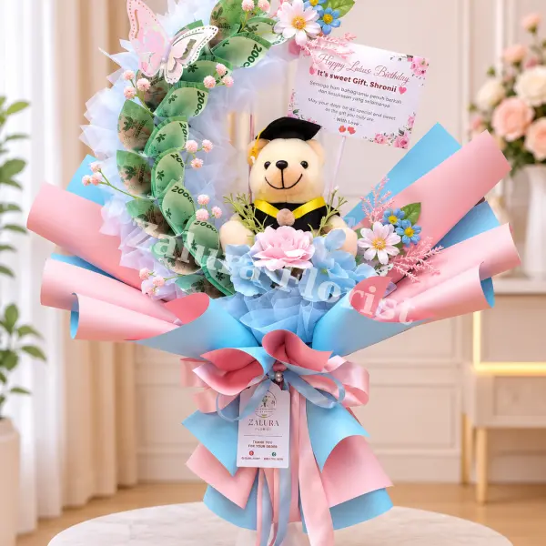 Money Bouquet Bulan Sabit Teddy Bear Toga Pink Biru – Crescent Custom
