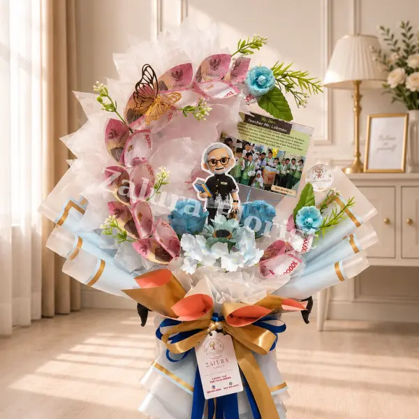 Buket Uang Bulan Sabit untuk Guru – Crescent Money Bouquet Karakter Custom